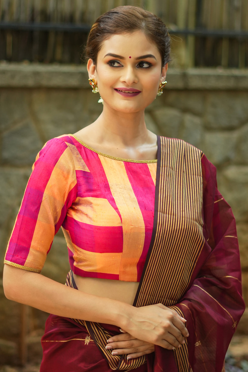 Orange and reddish pink checked pure rawsilk boatneck blouse