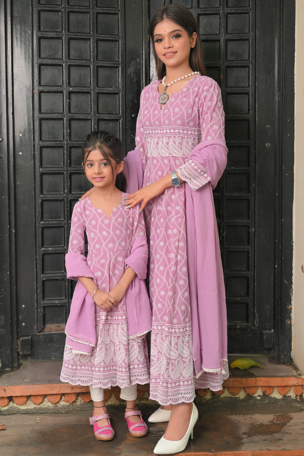 Orchid chikankari anarkali 3 PIece set - twinning option for Girls | Made To Order