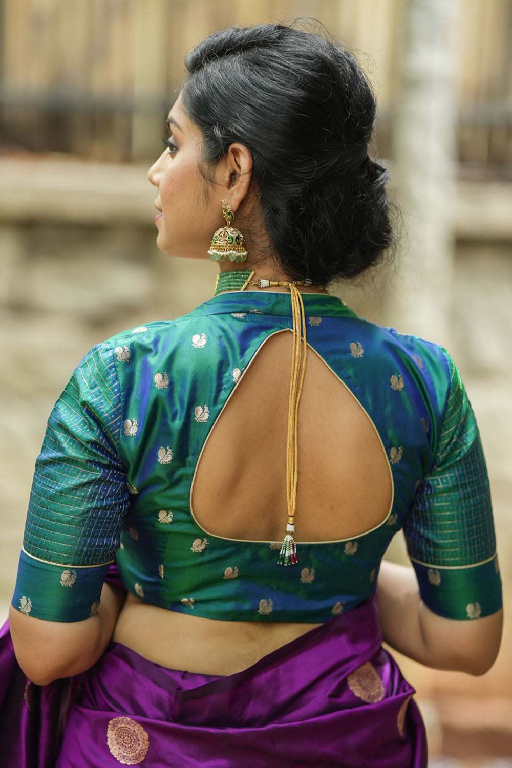 Peacock blue pure kanjivaram silk two fabric blouse.