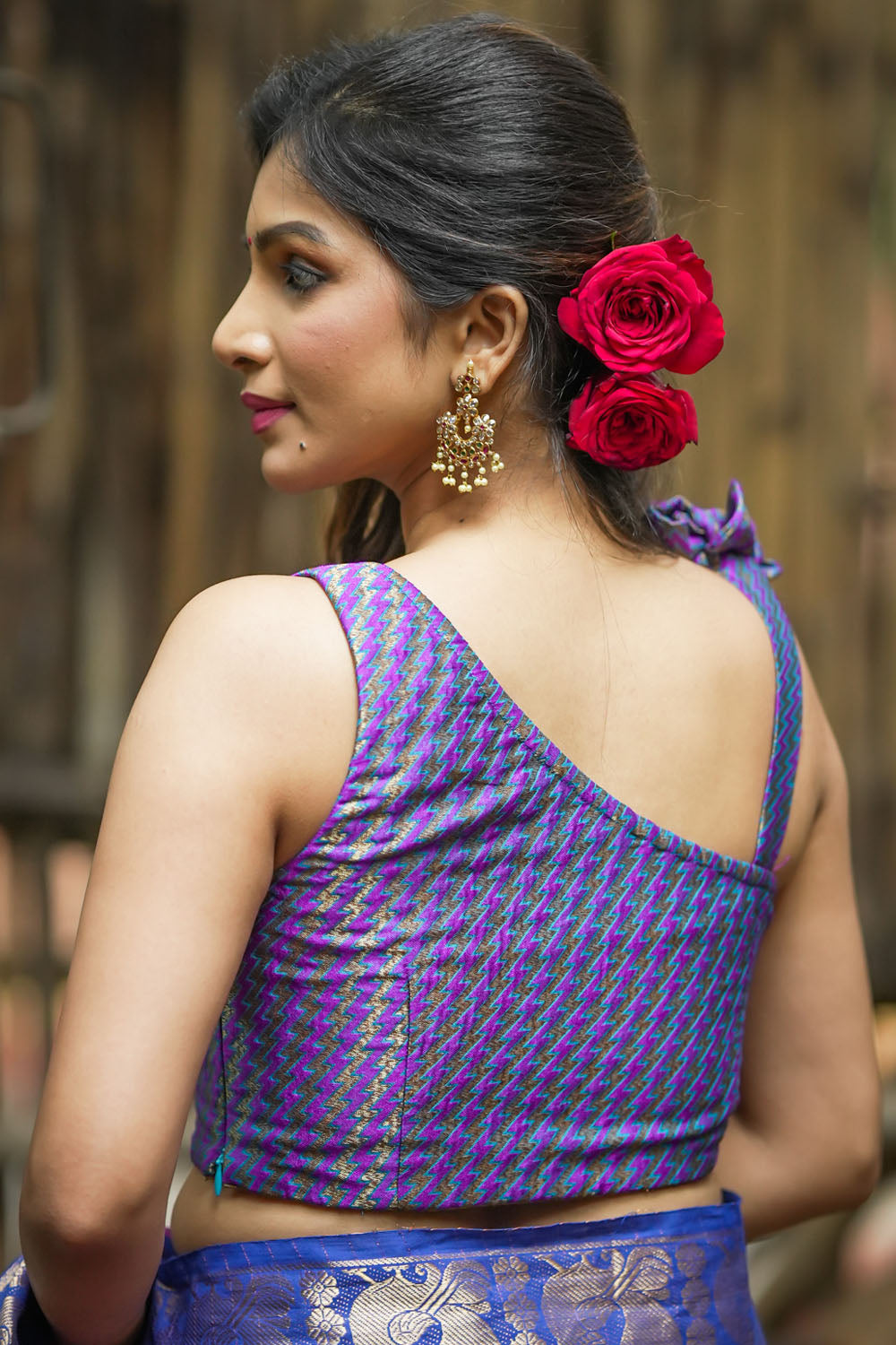 Purple Blue jacquard one shoulder blouse