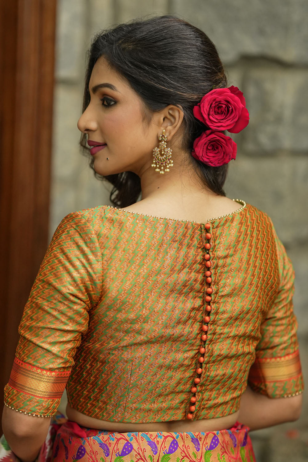 Green jacquard orange brocade boatneck blouse with plain silk detailing