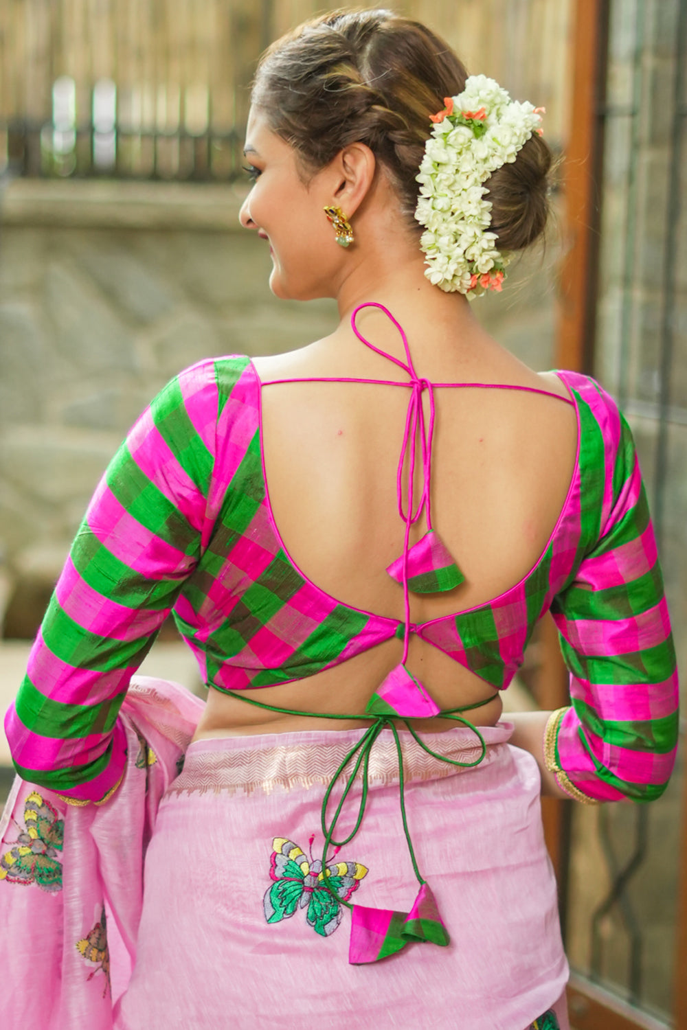 Emerald green pink checked pure rawsilk U neck blouse