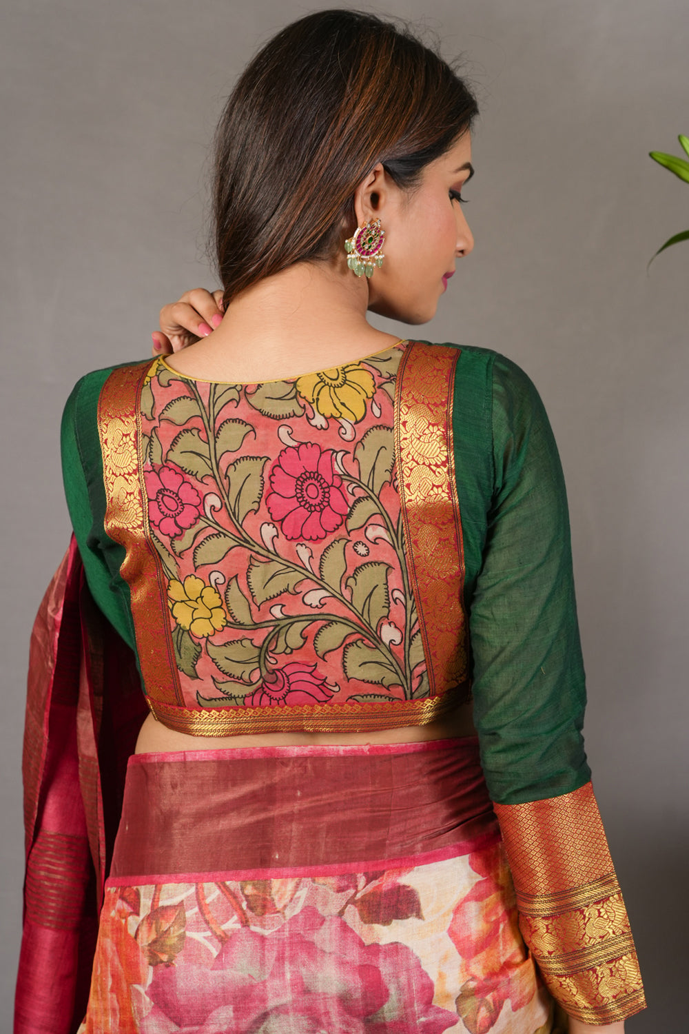 Emerald green full sleeve narayanpet cotton sweetheart neck blouse with kalamkari panel