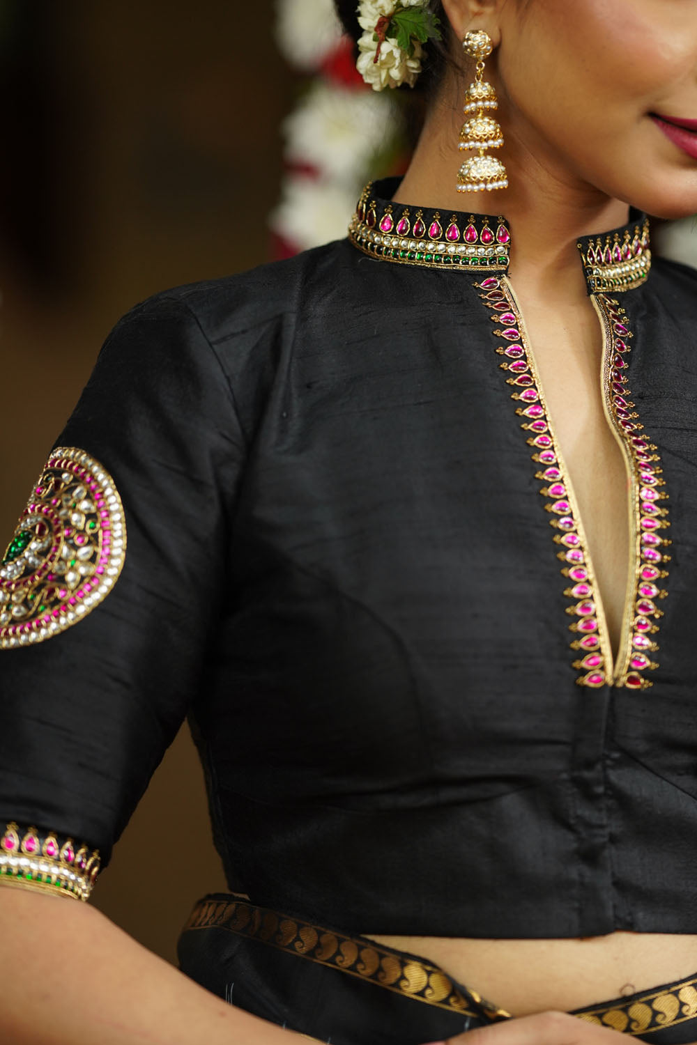 Black raw silk chinese collar blouse with  jadau mandala design