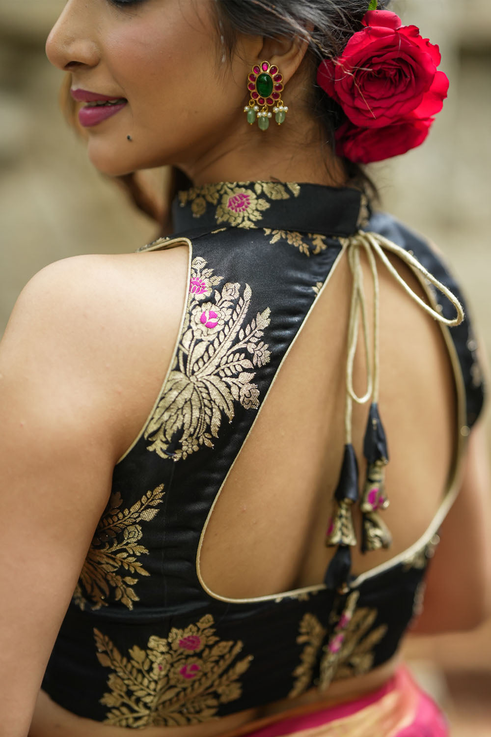 Black brocade chinese collar sleeveless blouse