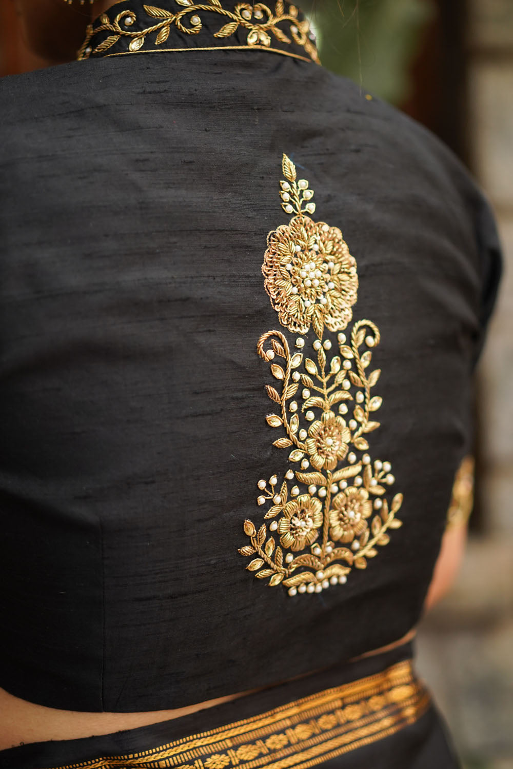 Black raw silk chinese collar blouse with zardosi Work