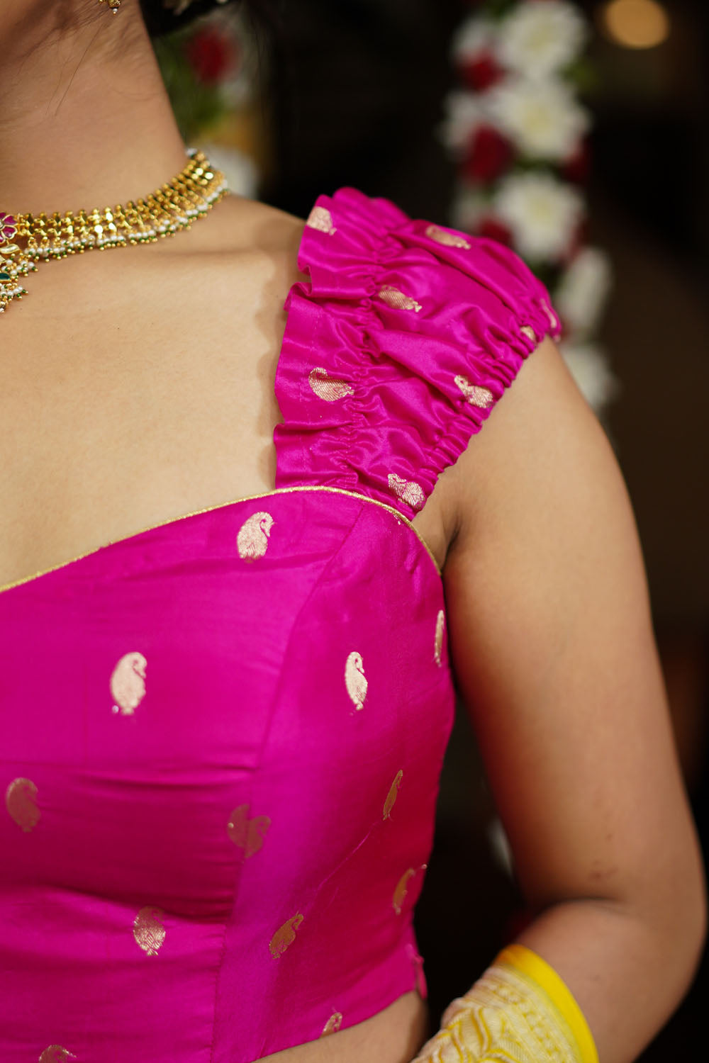 Fuchsia pink pure silk bustier blouse with gold motifs