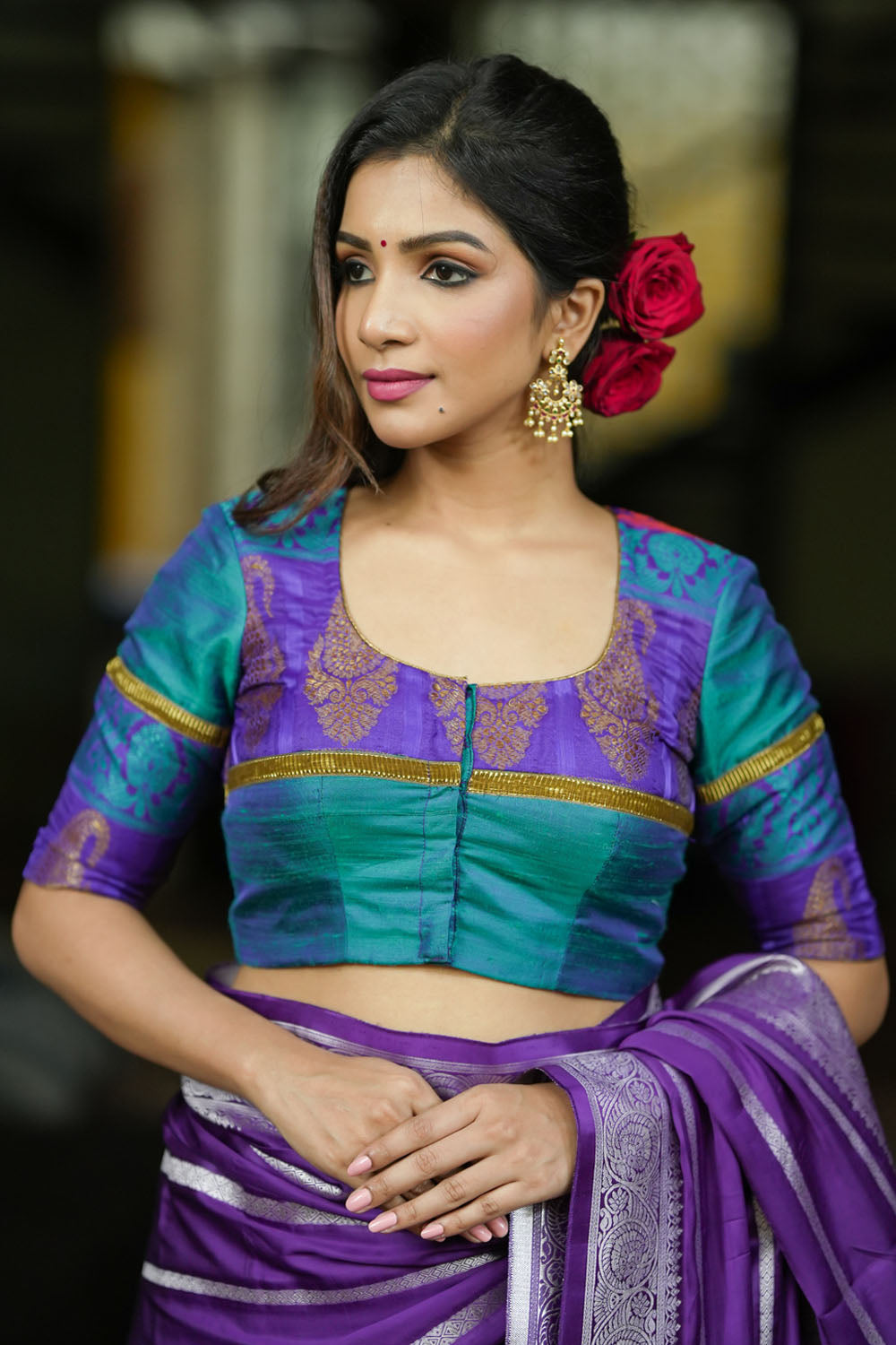 Peacock blue rawsilk with purple brocade U neck Blouse