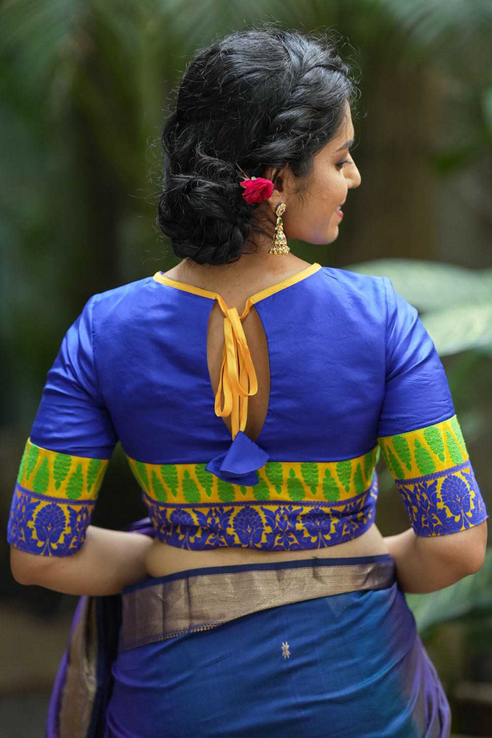 Royal blue silk & brocade Close neck blouse