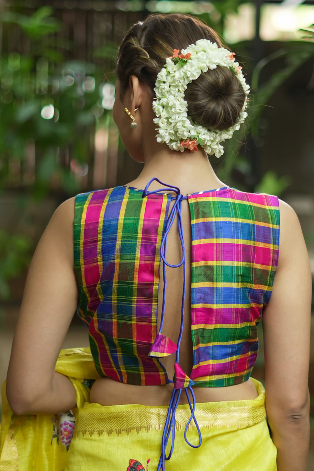 Pink, green and blue pure rawsilk checked croptop