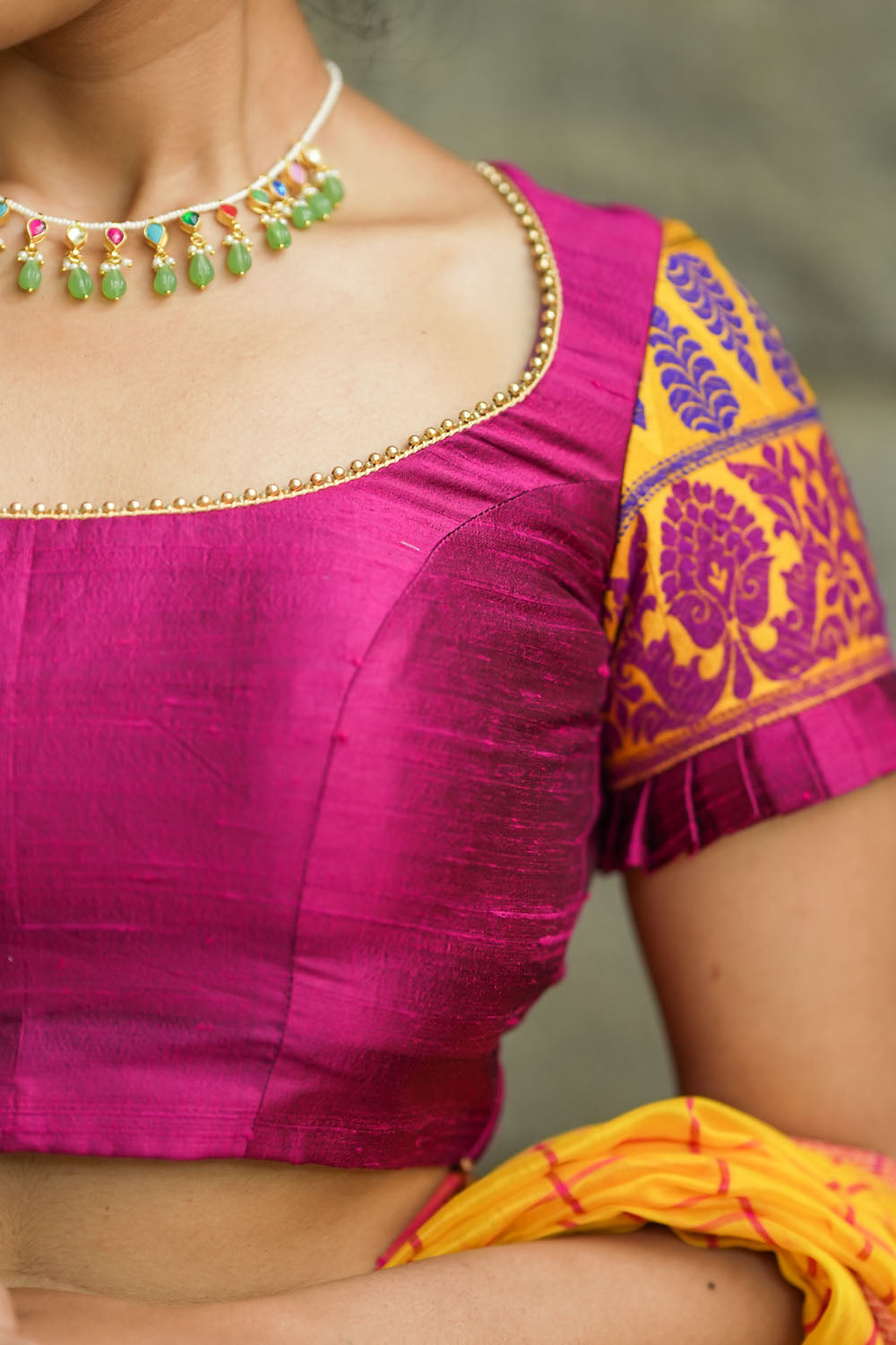 Magenta Pure rawsilk with yellow brocade U neck Blouse