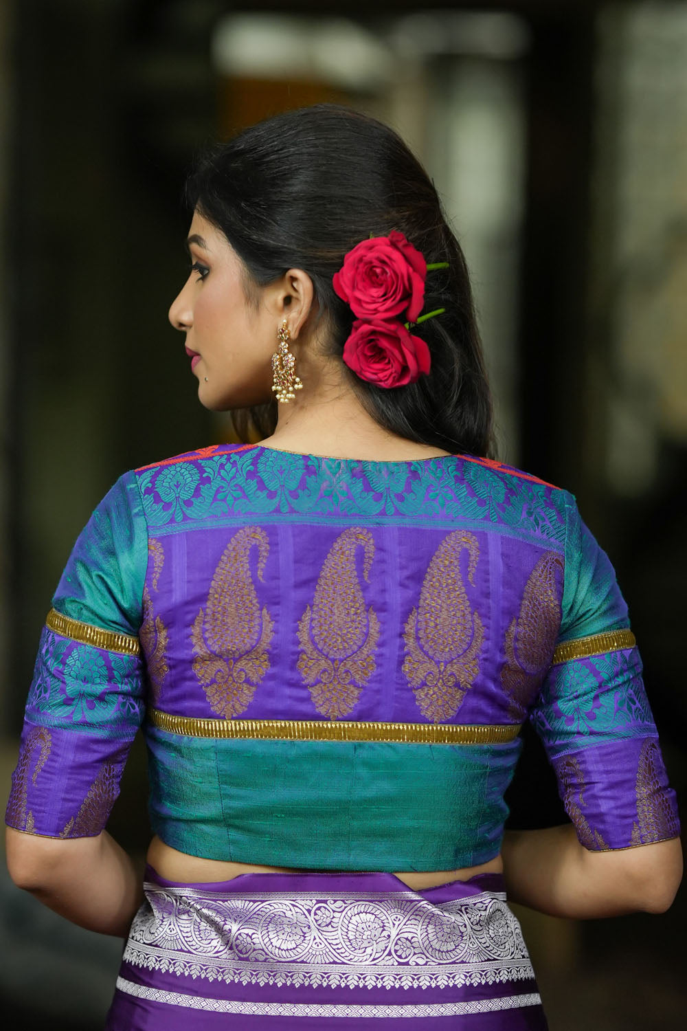 Peacock blue rawsilk with purple brocade U neck Blouse