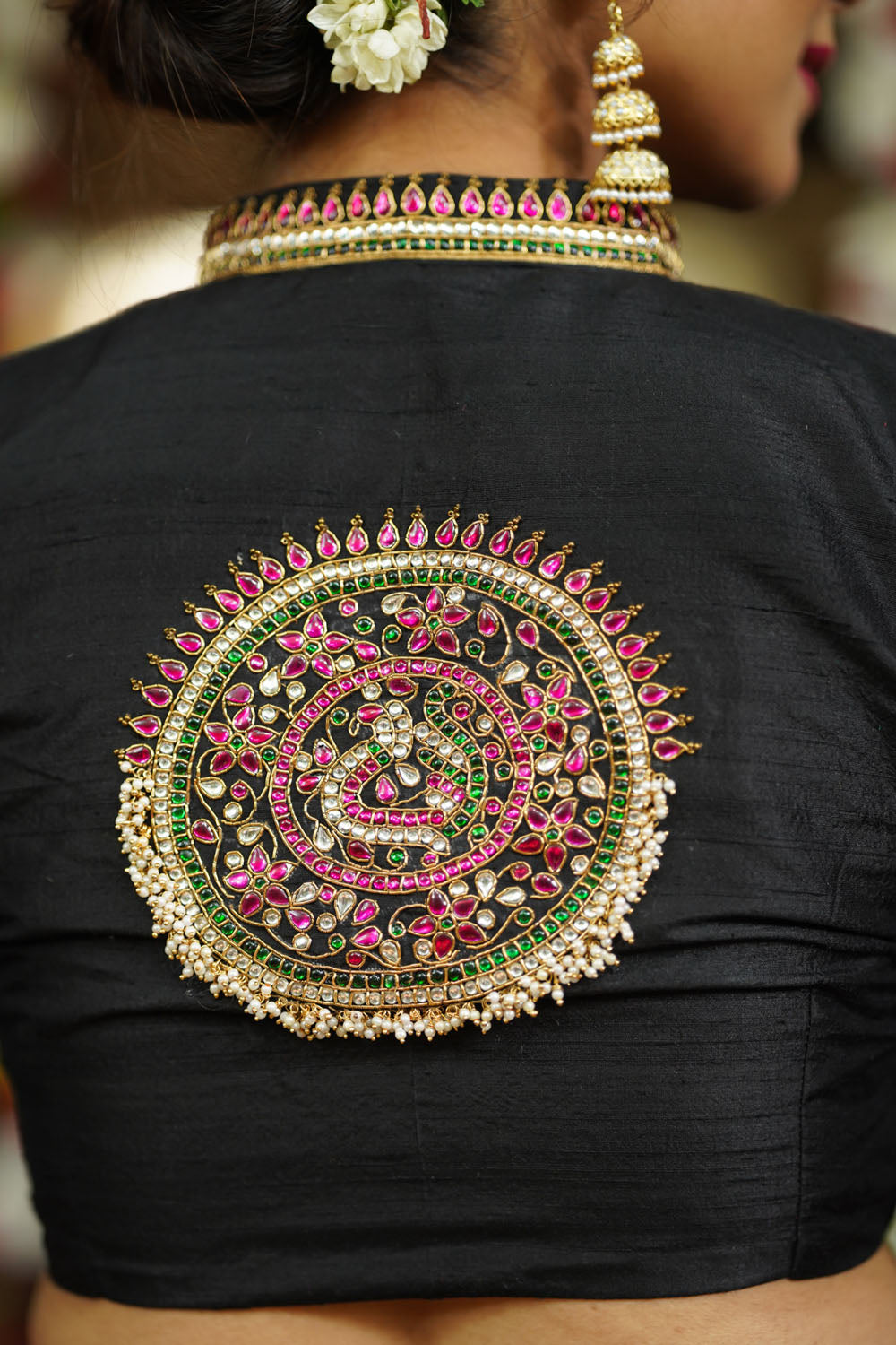 Black raw silk chinese collar blouse with  jadau mandala design