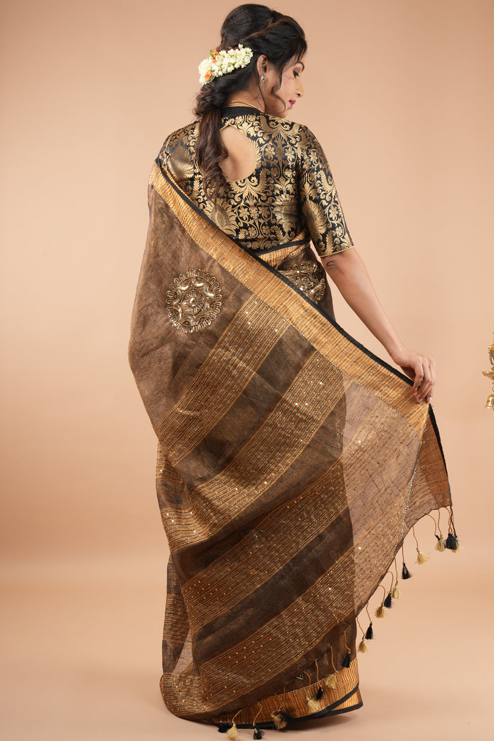 Preorder: Embroidery cut dana with seqins Work Tissue Linen Saree in copper black with dramatic work Pallu