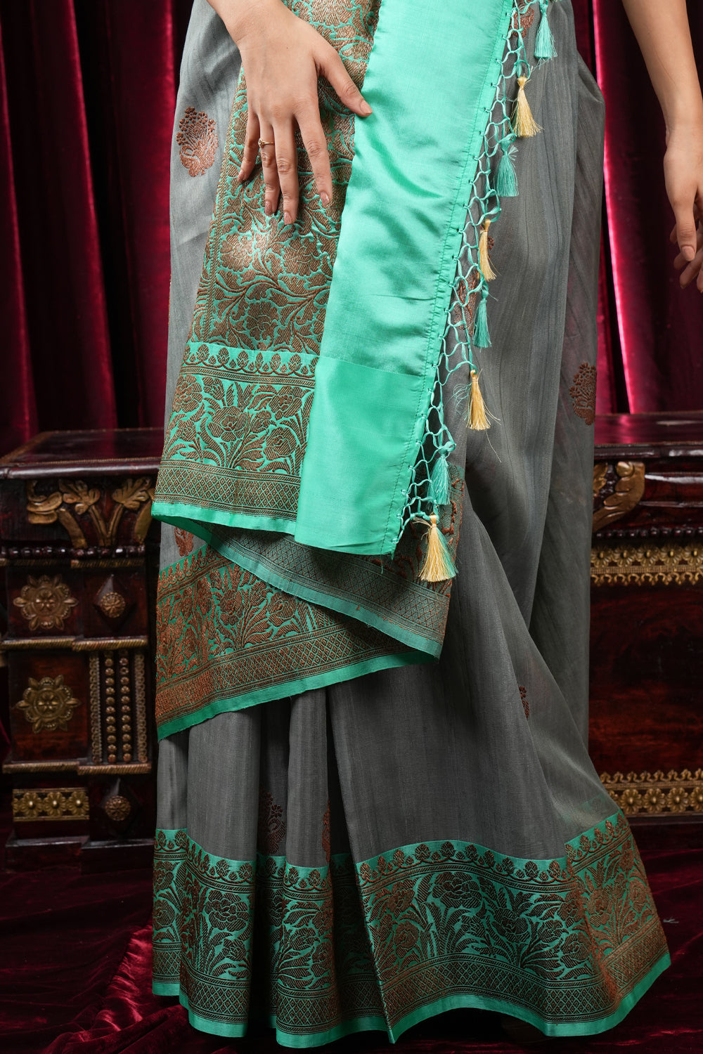 Gray Tussar Silk Banarasi Saree with Antique Tone Zari and Mint Green contrasting borders | SILK MARK CERTIFIED