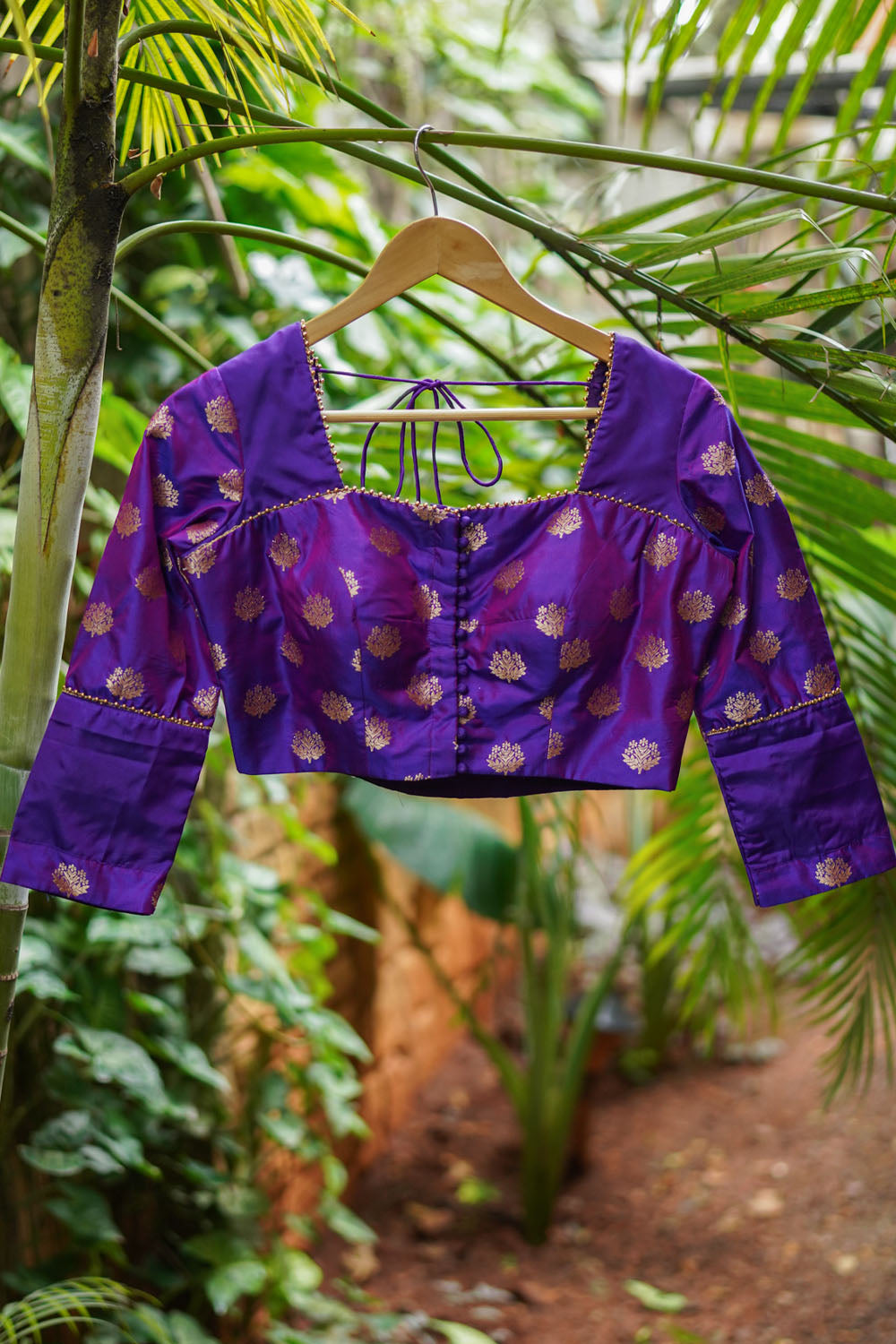 Violet pure silk two fabric square neck blouse