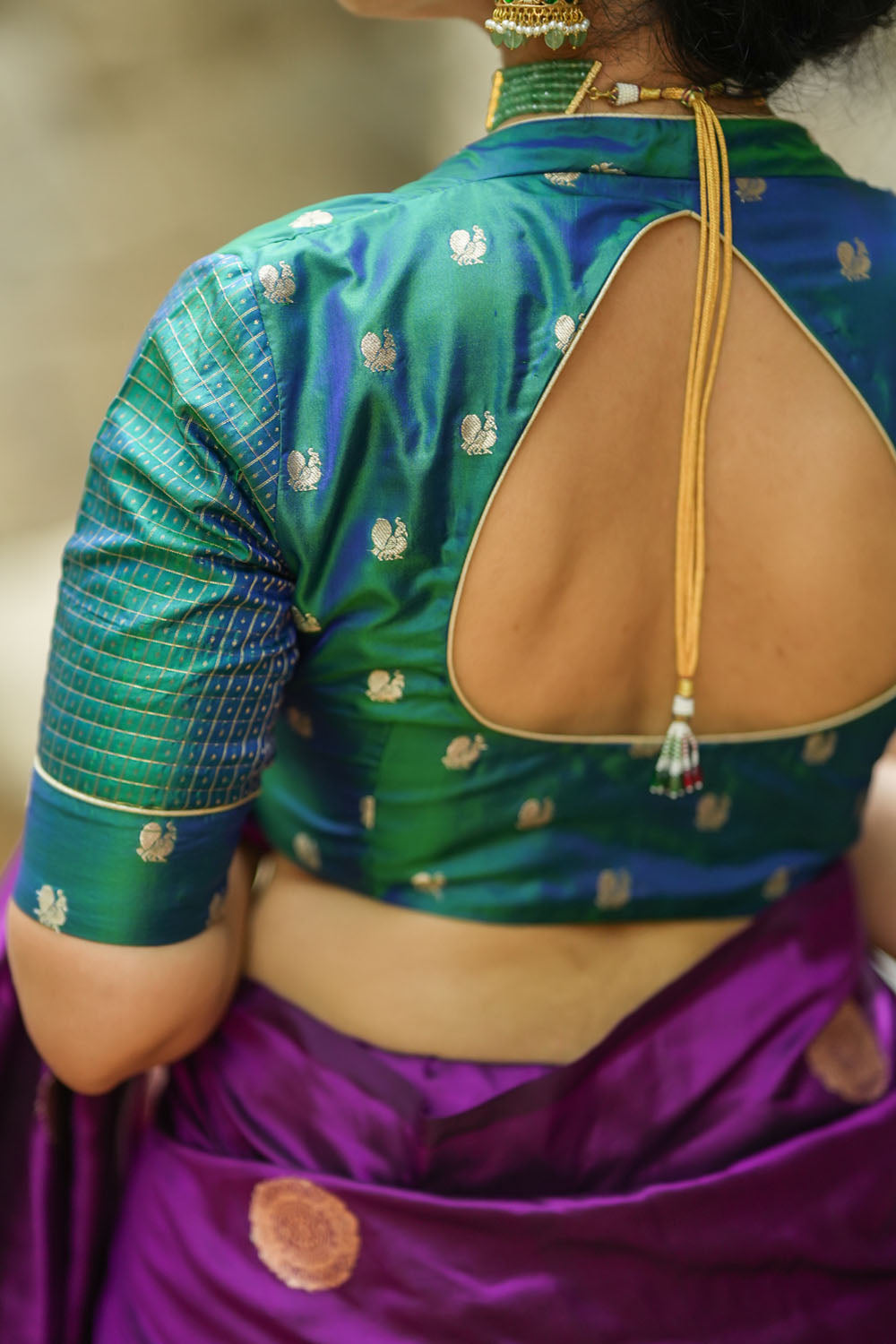 Peacock blue pure kanjivaram silk two fabric blouse.