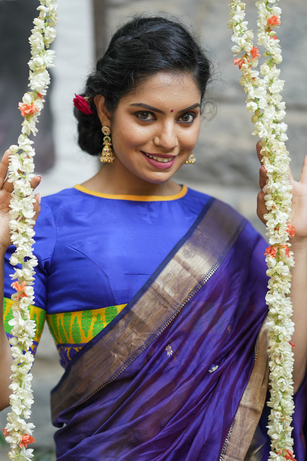 Royal blue silk & brocade Close neck blouse