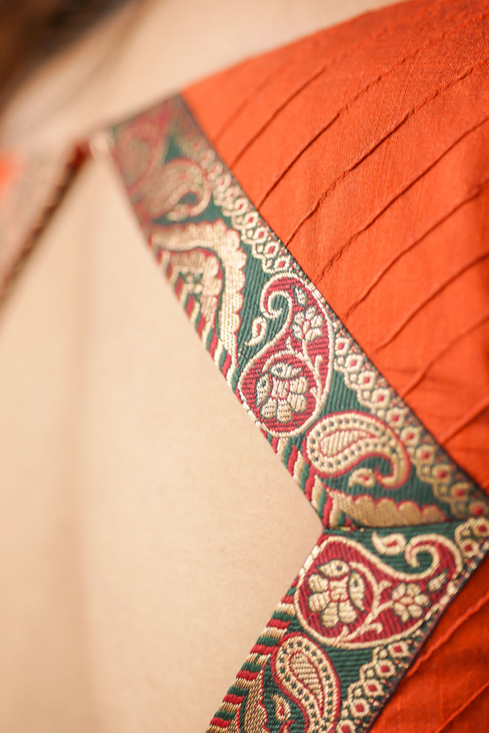 Rust orange pintuck cotton silk sweet heart neck full sleeves blouse