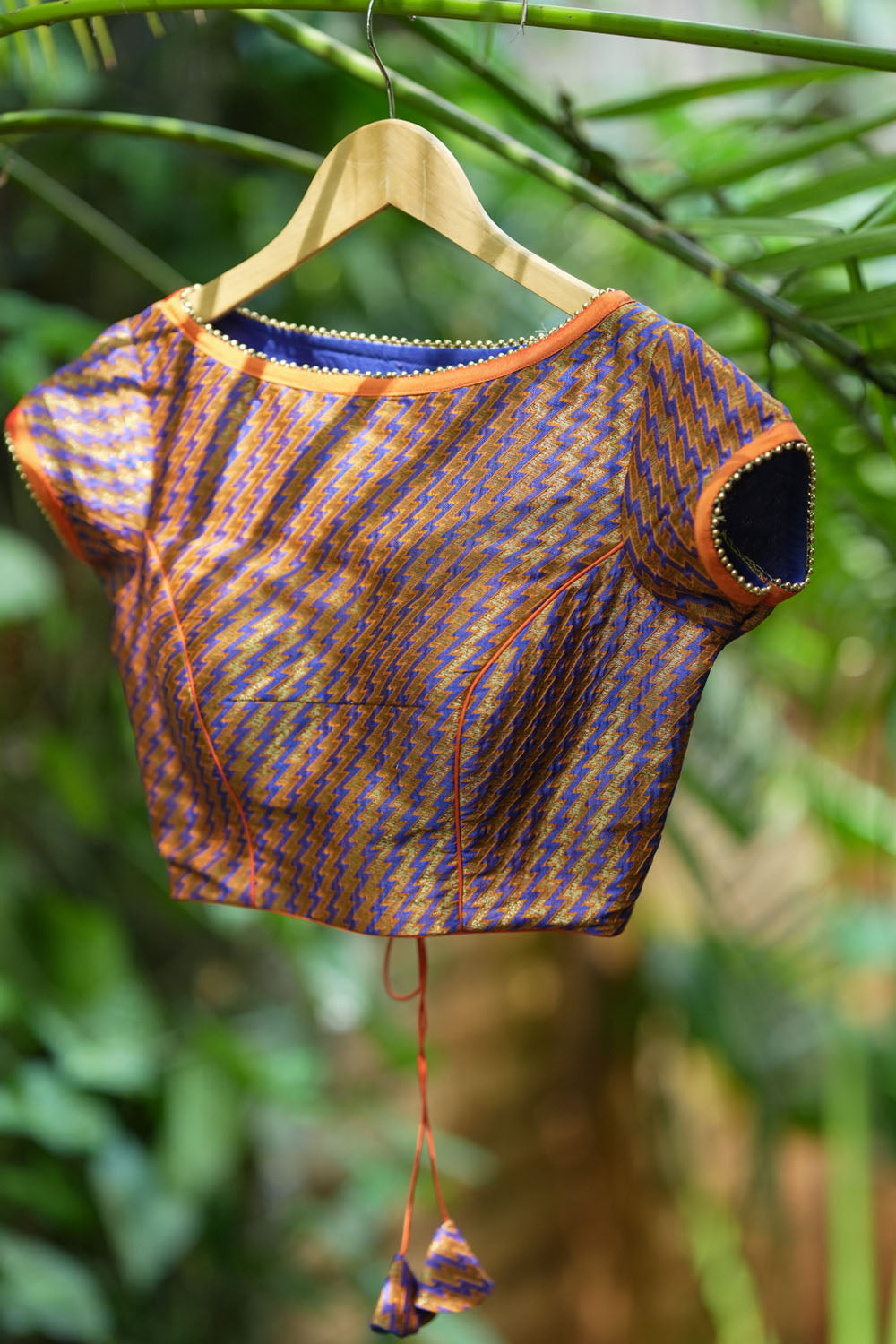 Purple and Orange jacquard  boat neck blouse with back detailing