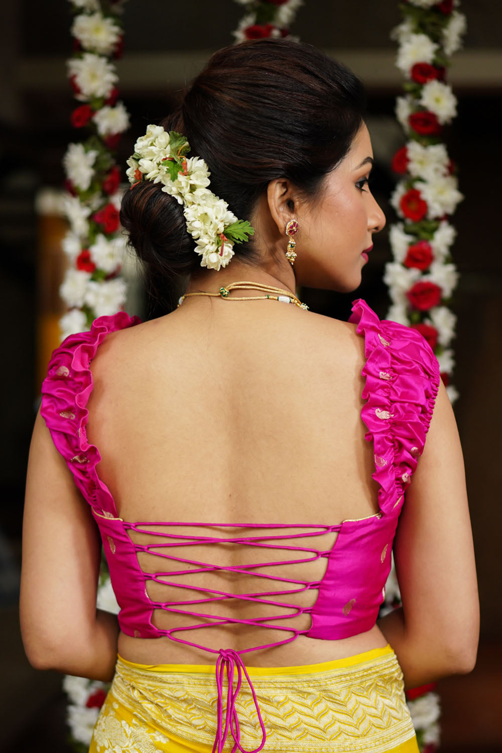 Fuchsia pink pure silk bustier blouse with gold motifs