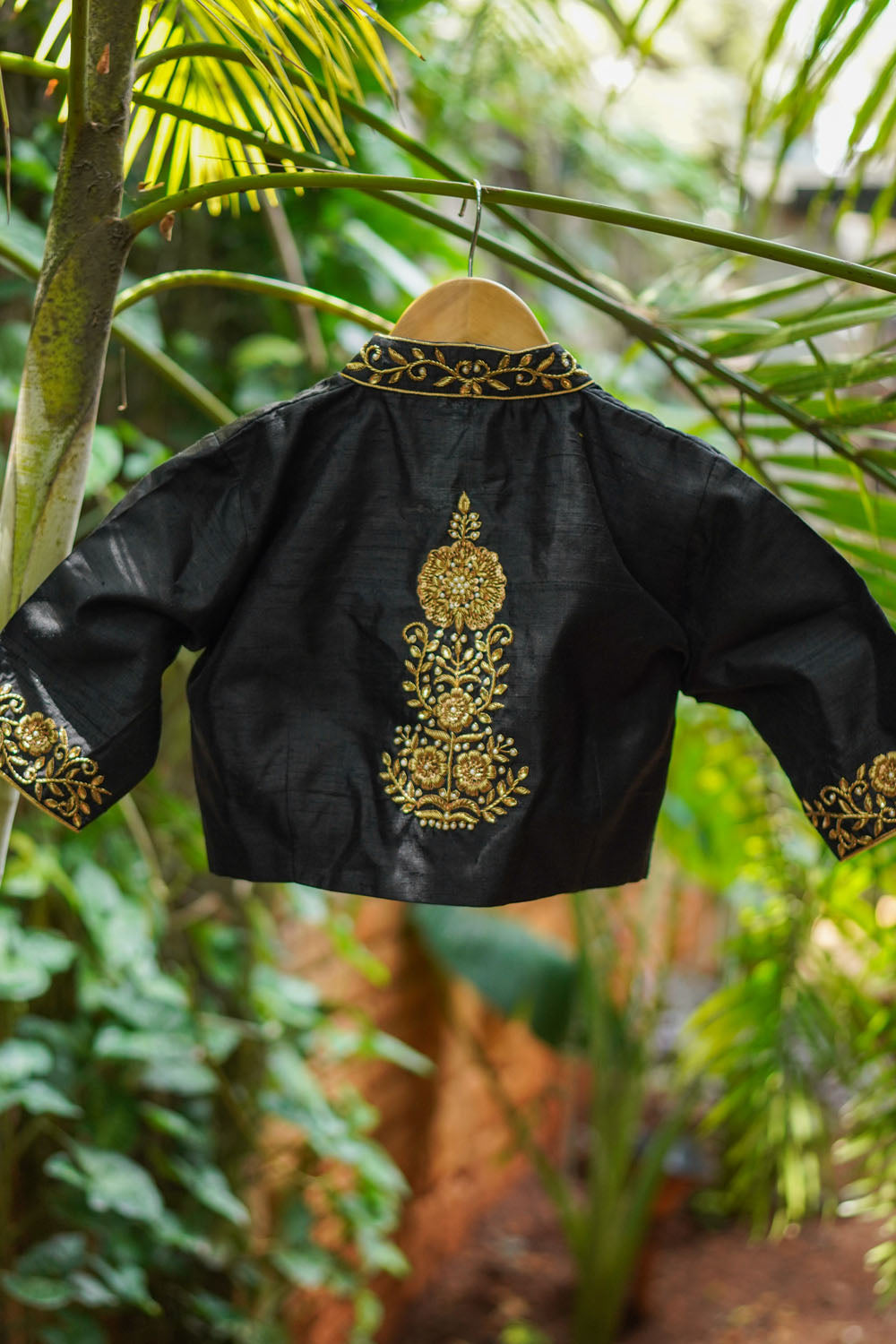 Black raw silk chinese collar blouse with zardosi Work