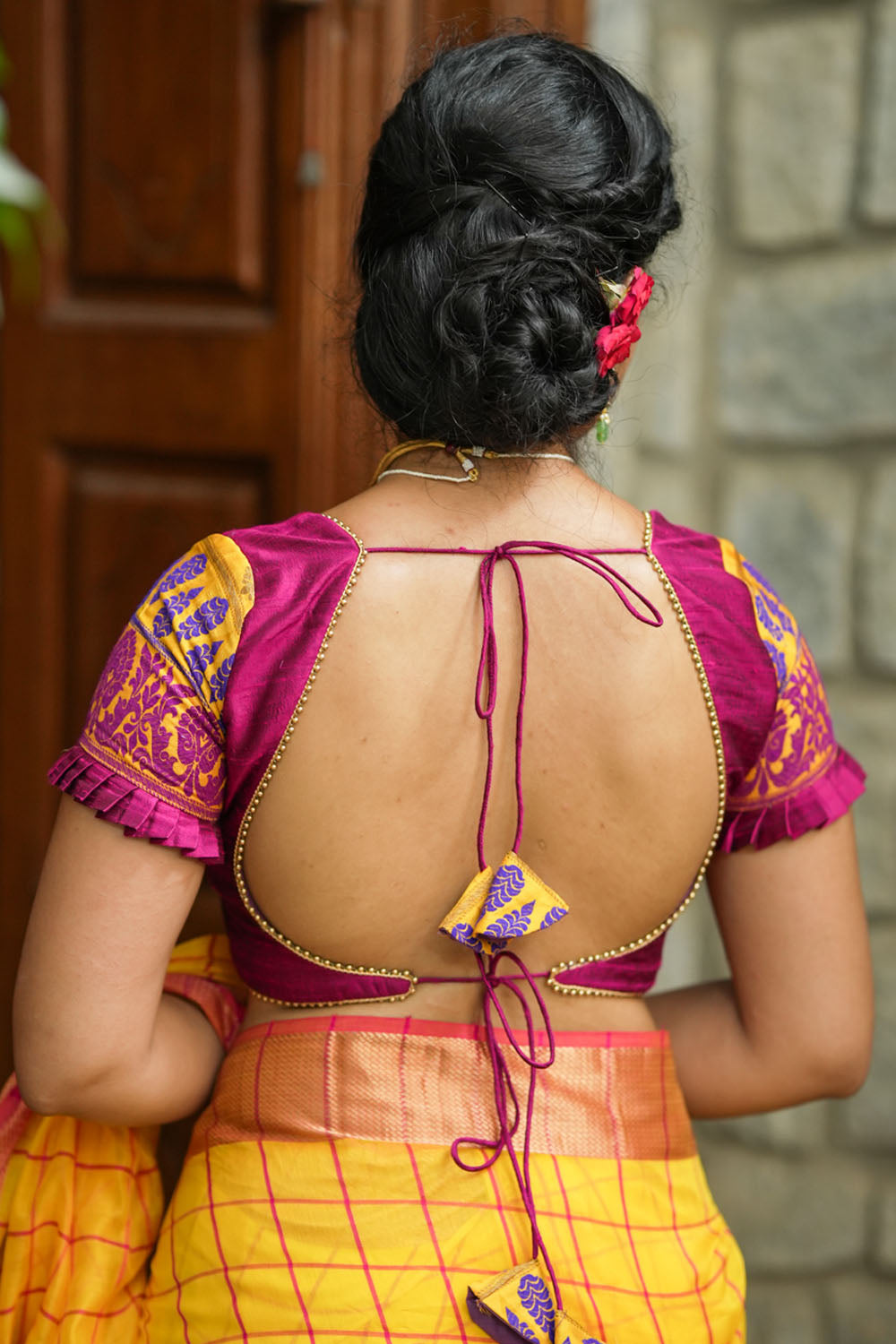 Magenta Pure rawsilk with yellow brocade U neck Blouse