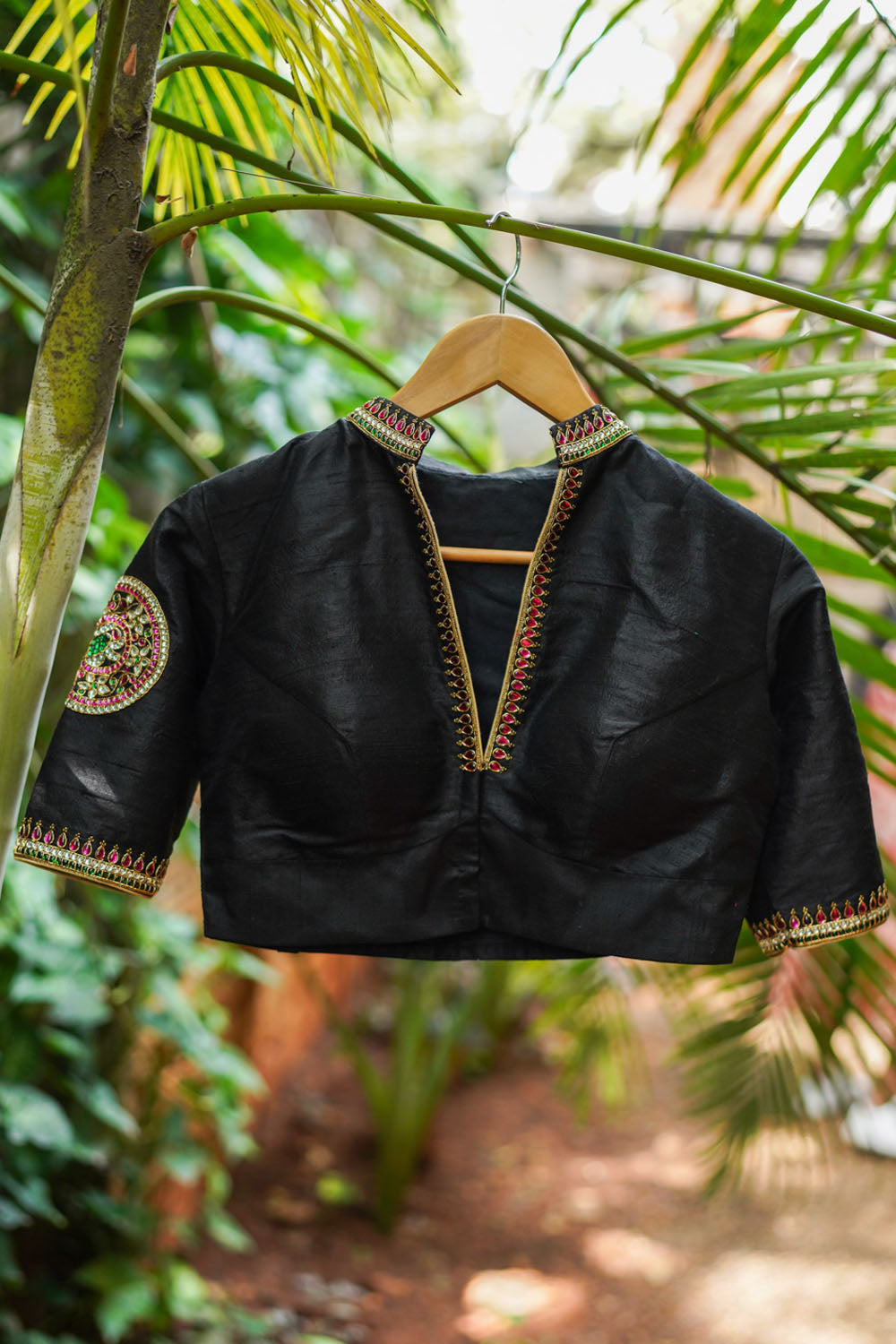 Black raw silk chinese collar blouse with  jadau mandala design