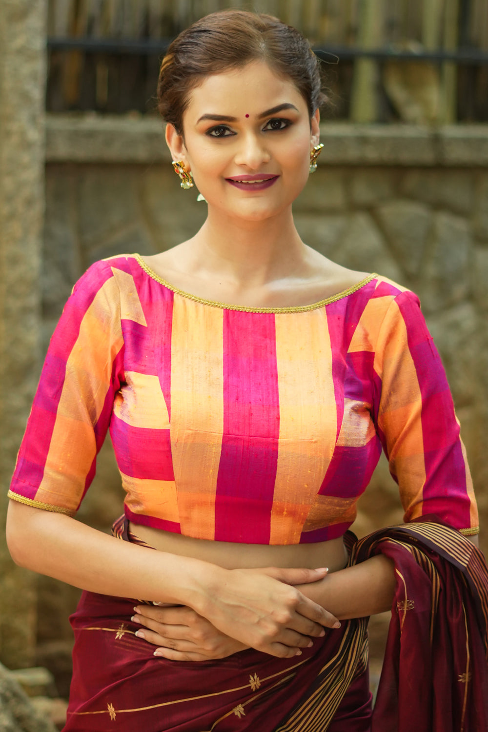 Orange and reddish pink checked pure rawsilk boatneck blouse