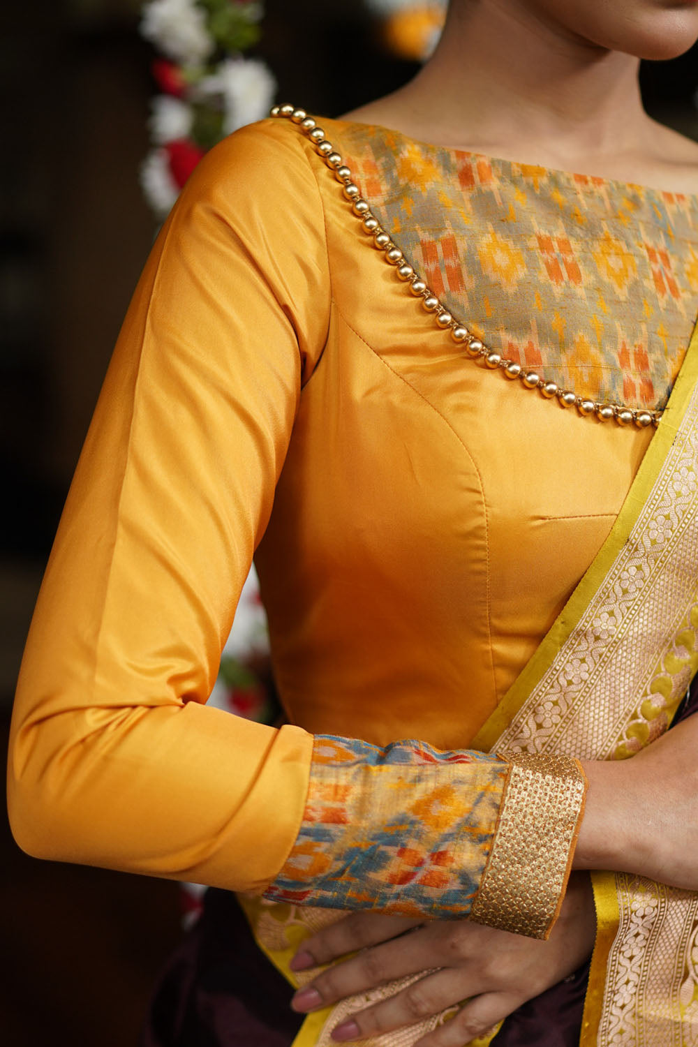 Mustard silk boatneck  blouse with pure rawsilk ikkat yoke