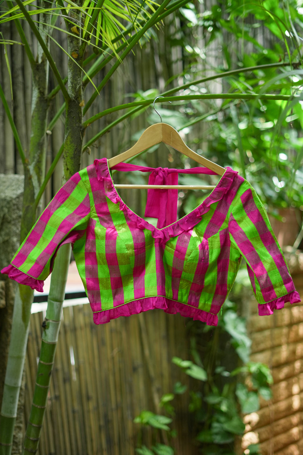 Green pink checked pure rawsilk V neck blouse with chiffon frills