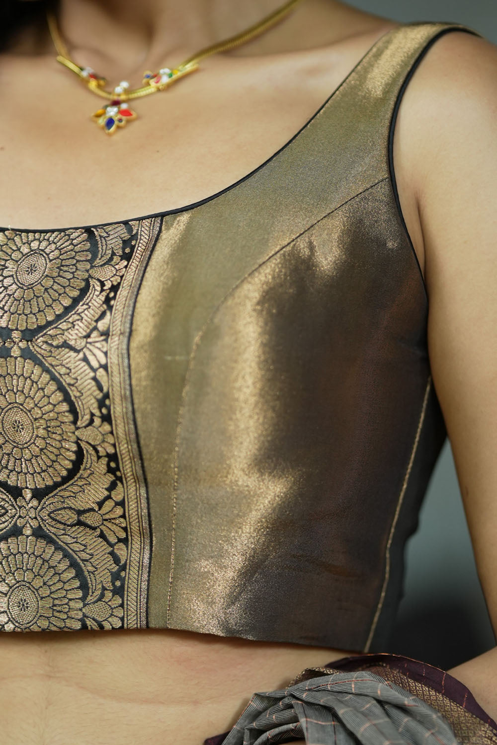 Bronze tissue brocade U  neck sleeveless blouse with black brocade detailing