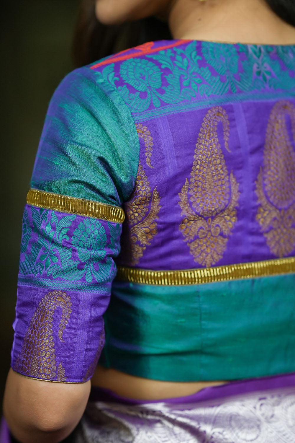 Peacock blue rawsilk with purple brocade U neck Blouse