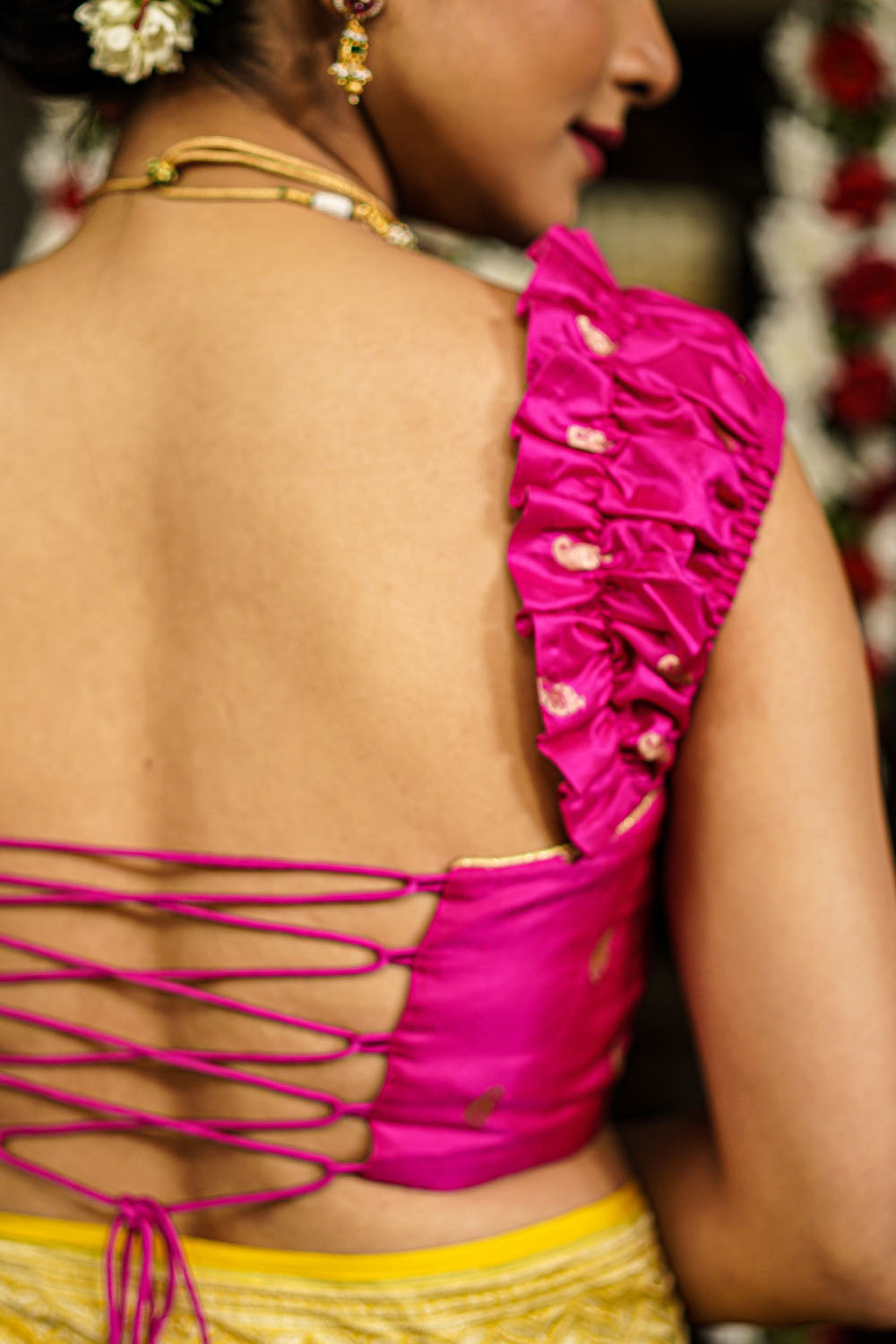 Fuchsia pink pure silk bustier blouse with gold motifs