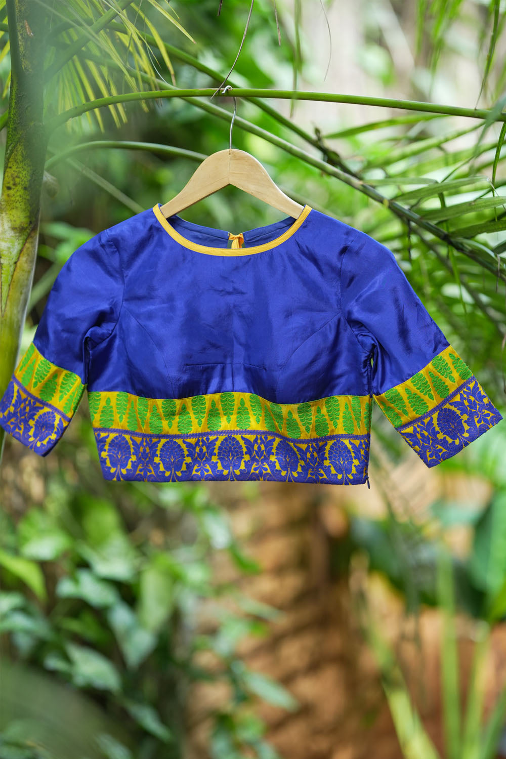 Royal blue silk & brocade Close neck blouse