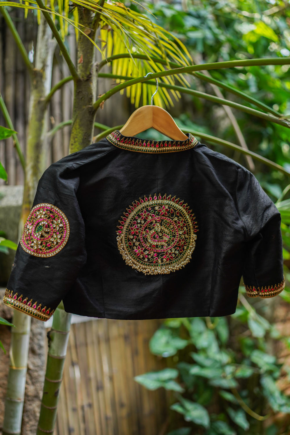 Black raw silk chinese collar blouse with  jadau mandala design