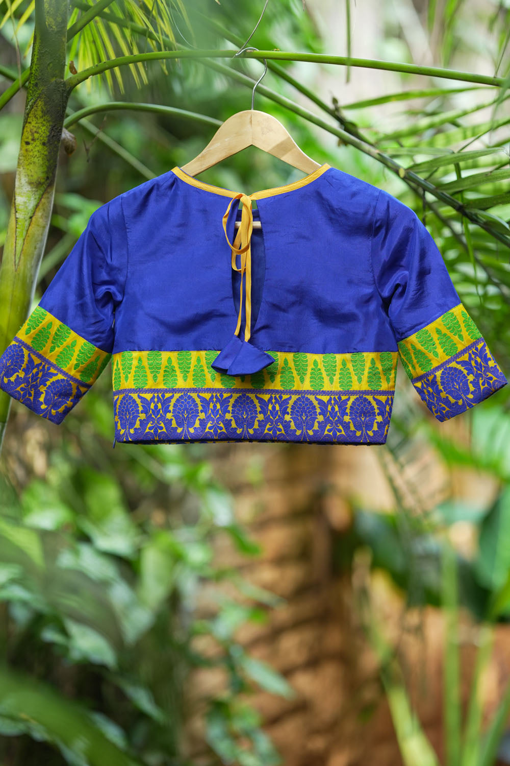 Royal blue silk & brocade Close neck blouse