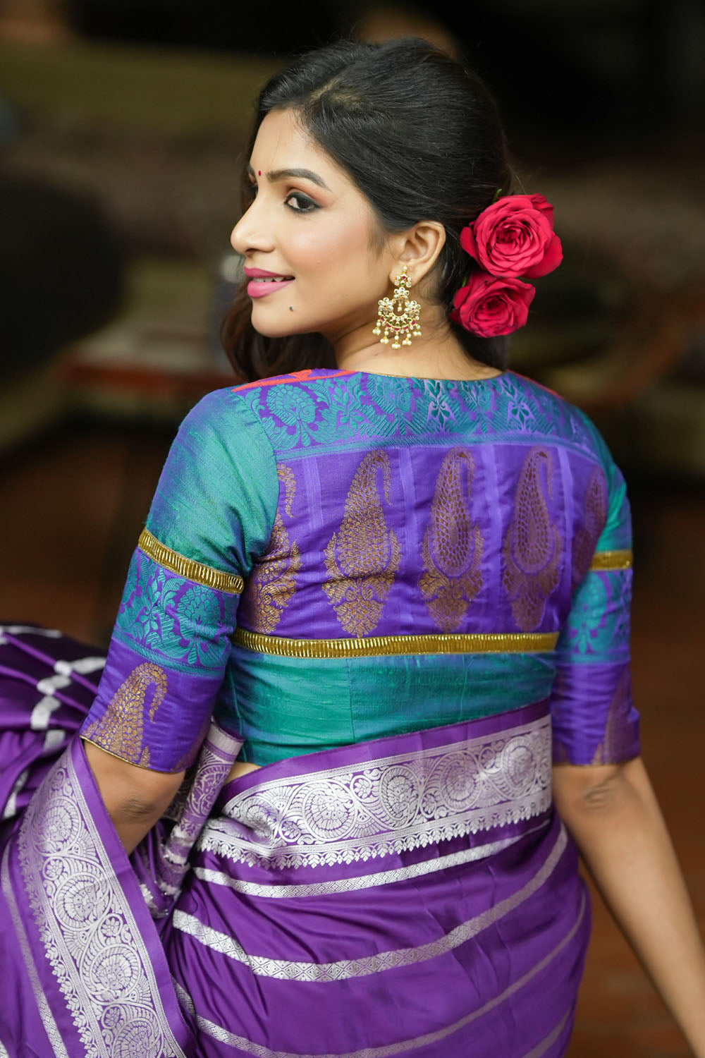 Peacock blue rawsilk with purple brocade U neck Blouse