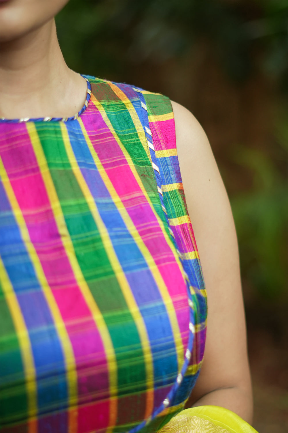 Pink, green and blue pure rawsilk checked croptop