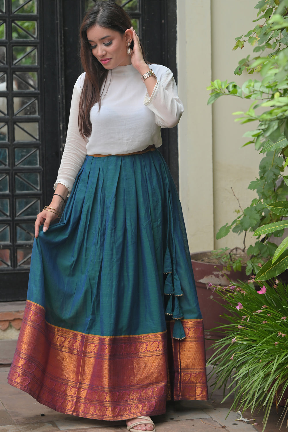 Moor Hues - Peacock Blue Green Pleated skirt with White Georgette Top |  Made To Order