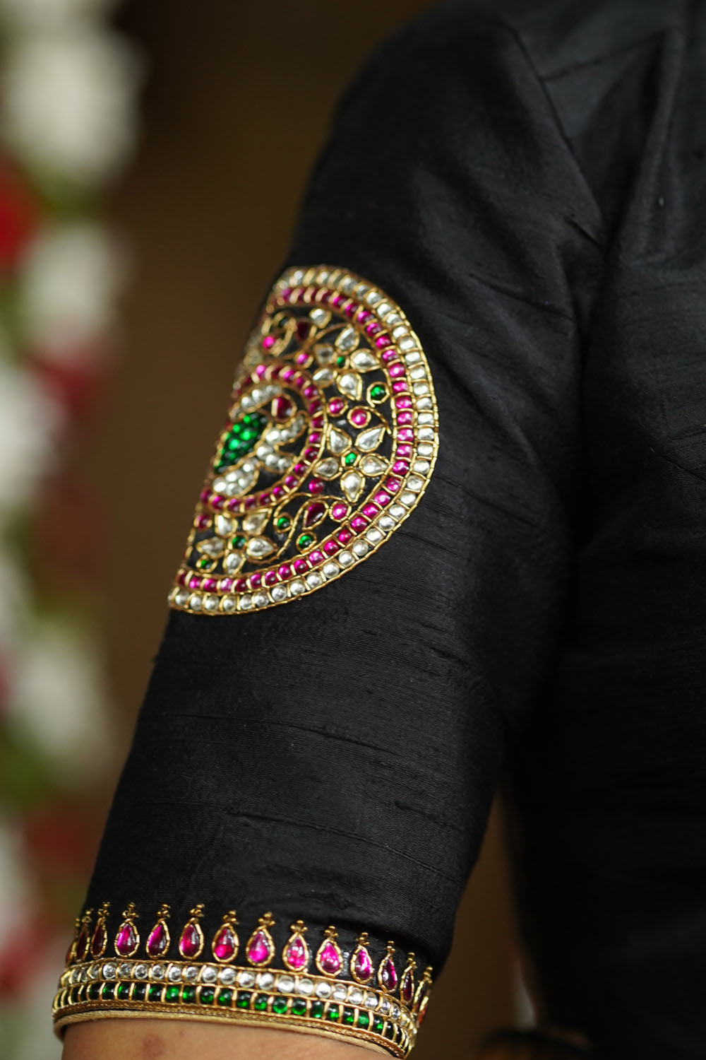 Black raw silk chinese collar blouse with  jadau mandala design