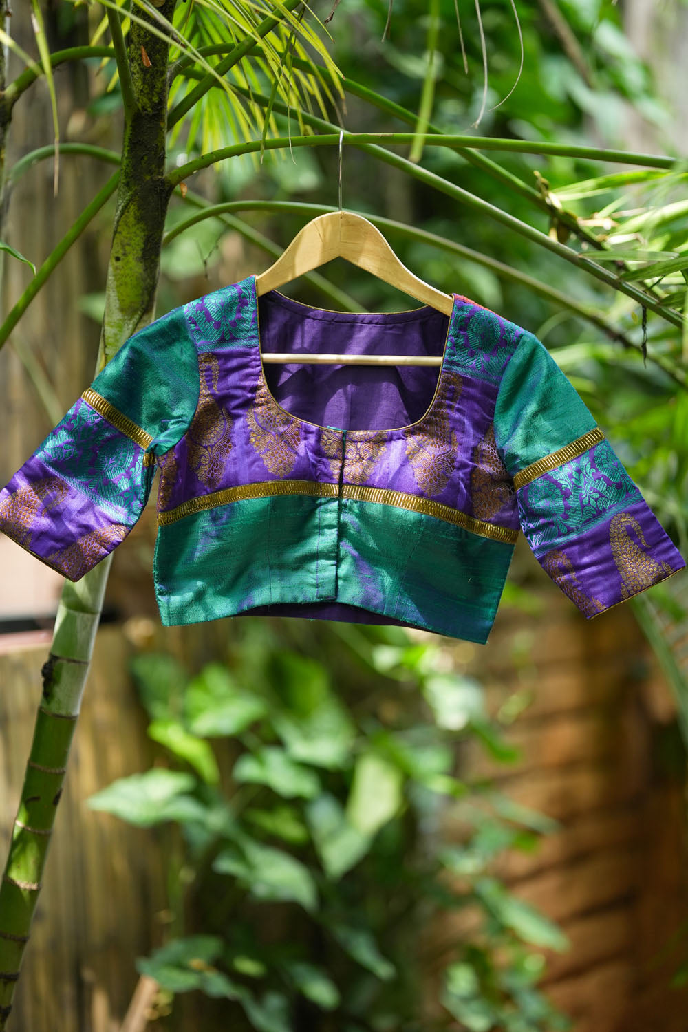 Peacock blue rawsilk with purple brocade U neck Blouse