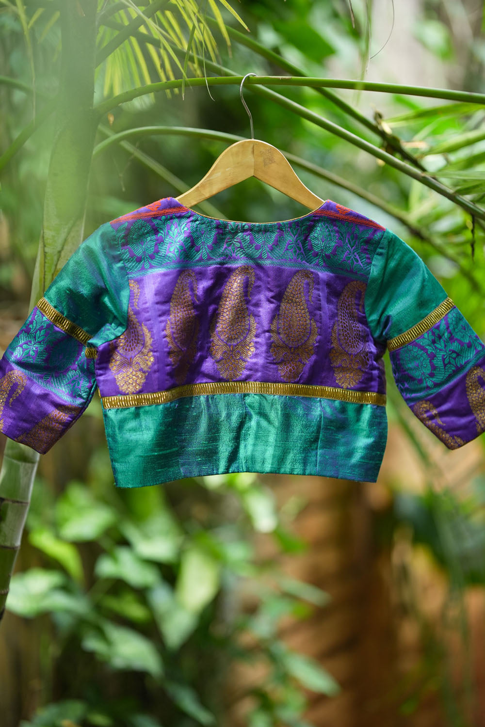 Peacock blue rawsilk with purple brocade U neck Blouse