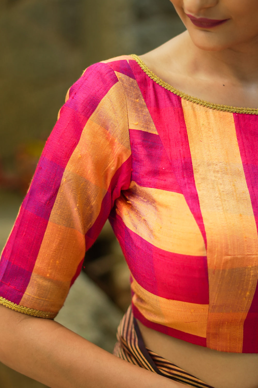 Orange and reddish pink checked pure rawsilk boatneck blouse