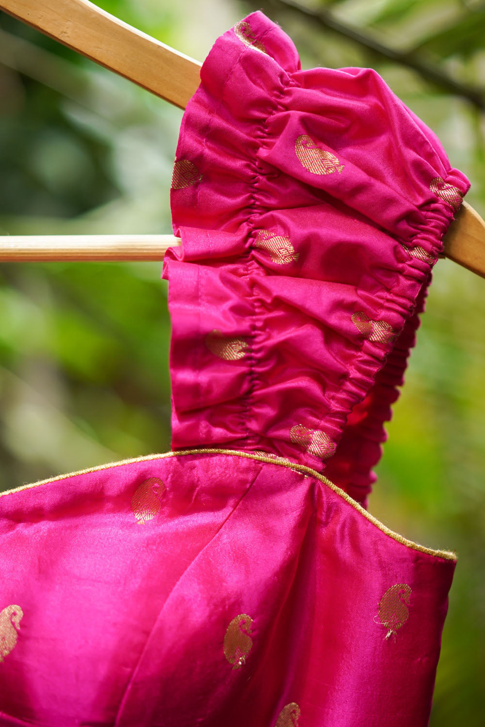 Fuchsia pink pure silk bustier blouse with gold motifs