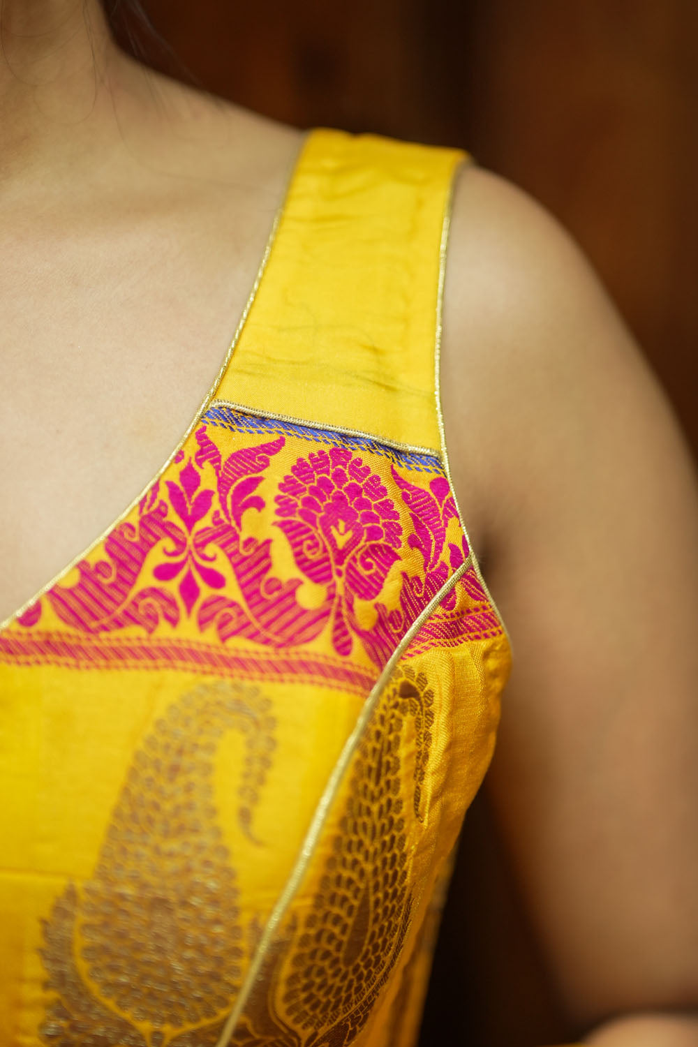 Yellow silk & brocade border wide V neck blouse
