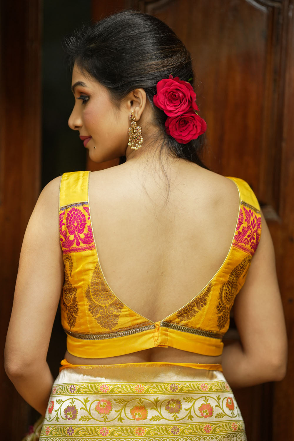 Yellow silk & brocade border wide V neck blouse