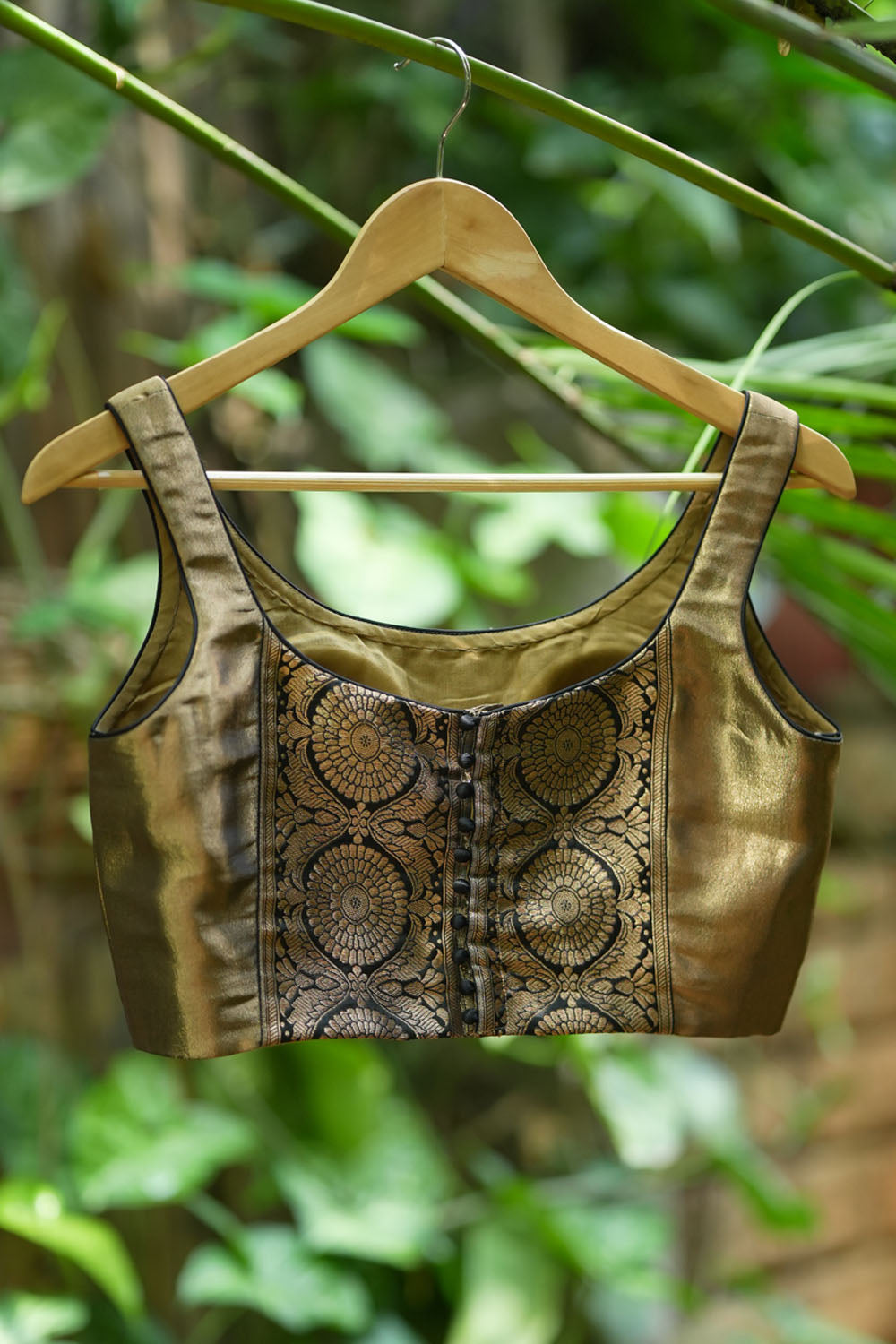 Bronze tissue brocade U  neck sleeveless blouse with black brocade detailing