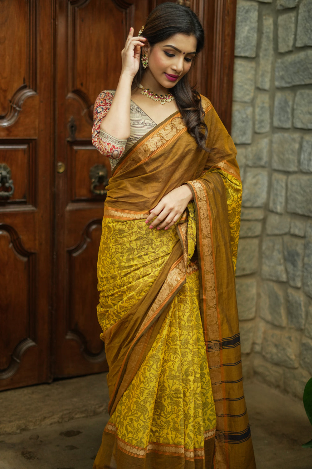 Methi yellow and brown chettinad cotton saree
