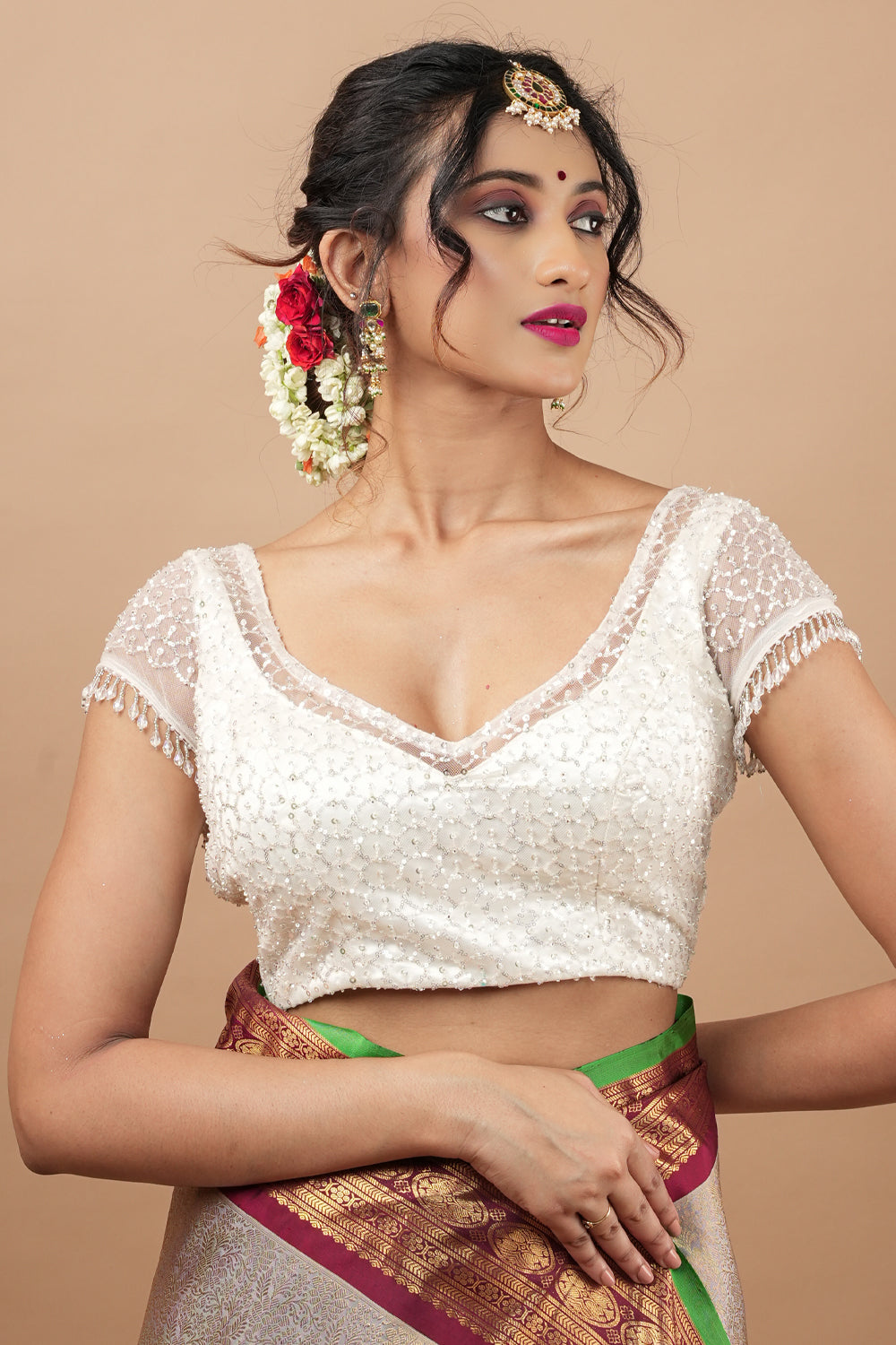 White Cutdana Jaal on net Layered Neck Blouse with crystal fringes